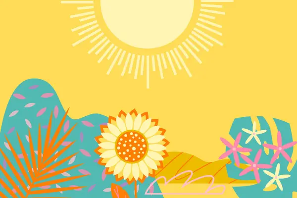 Yaz temalı arka plan, ayçiçekleri, canavar yaprakları ve hindistan cevizi ağaçları. Yaz konsepti vektör illüstrasyonu.