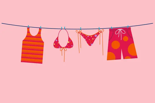 Güneş ışığında asılı yaz kıyafetleri: kolsuz tişörtler, şortlar ve bikiniler. Yaz konsepti vektör illüstrasyonu.