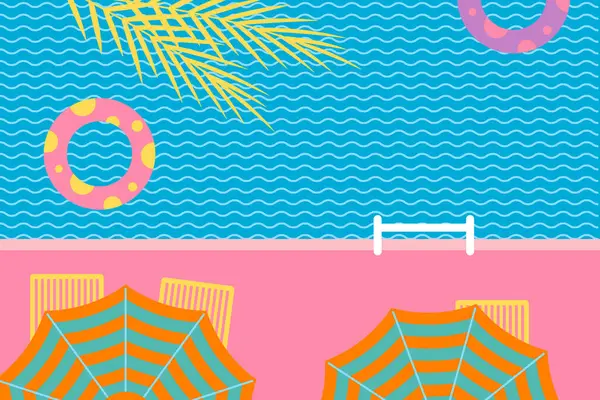 Yüzme yüzüklü yüzme havuzu, güneşlik ve açık hava sandalyeleri. Yaz konsepti vektör illüstrasyonu.