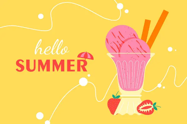 Soyut dalga çizgileri olan pembe çilekli dondurma. Yaz konsepti vektör illüstrasyonu.