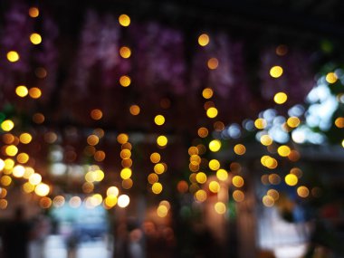 Açık hava bir kafenin bulanık bir fotoğrafı sarı iplik lambaları ve mor çiçekli bir arka plan, soyut ve sanatsal bir sahne yaratıyor. Bu görüntü, sıcak ışıkları ve canlı mor çiçekleri odaksız bir şekilde yakalar..