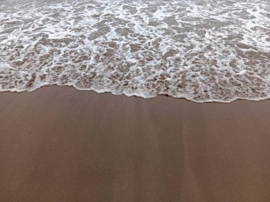 Yumuşak bir okyanus dalgasının yumuşak dalgalar ve deniz köpüğü bırakarak ıslak kumlu sahilde kırılıp çekilmesinin huzurlu bir görüntüsü..