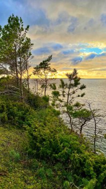 Güneşin denize battığı uçurum kıyısında altın günbatımı zamanı