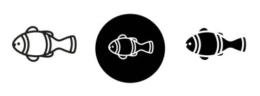 Palyaço balığı ince çizgi ikonu koleksiyonu. Deniz yaşamı, mercan resifi habitatı ve sualtı yaban hayatı türü Vektör.