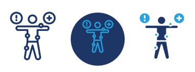 Mavi-beyaz üç kişi gösteriliyor, biri ağırlık taşıyor, diğeri sağlık topu tutuyor, ve üçüncüsü de dambılı tutuyor.