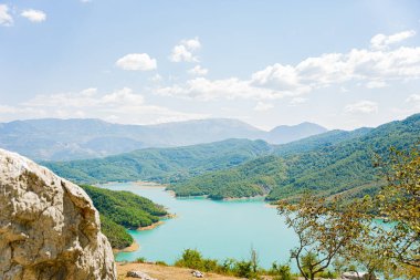 Bovilla 'nın turkuaz gölü manzarası - Arnavutluk Önünde bir kaya ve bir ağaç ile.