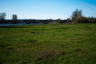 Etrafa saçılmış sarı çiçekli geniş yeşil alan, uzaktaki bir nehre çıkıyor. Birden fazla açıklığı olan kemerli bir köprü, yemyeşil alanları birbirine bağlayan nehri geçer. Köprünün her iki tarafında da dallı ağaçlar görülebilir.. 