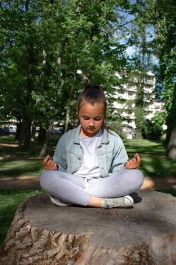 Huzurlu genç kız, huzurlu bir parktaki ağaç kütüğünün tepesinde Lotus pozisyonunda meditasyon yapıyor. Huzuru, odaklanmayı ve doğayla bağlantıyı yakalar. Farkındalık ve refah temaları için ideal