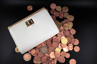 Avro sikkeleriyle dolup taşan zarif beyaz cüzdan, tasarruf sevincini ve akıllı para yönetiminin somut sonuçlarını net bir şekilde yansıtıyor. Kişisel finans blogları, bankacılık reklamları ve e-ticaret için ideal