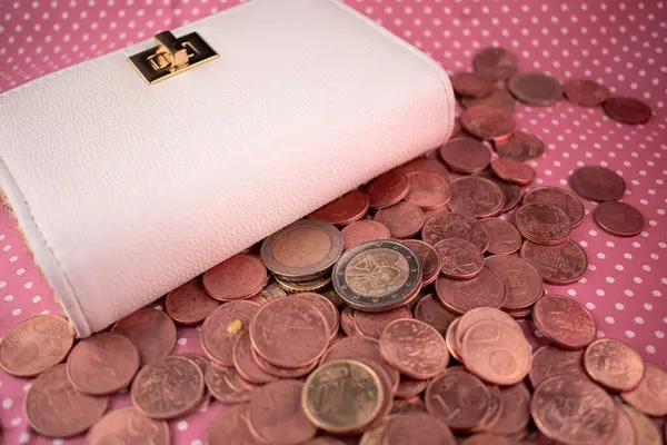 Zarif beyaz cüzdan, etrafı avro sikkeleriyle çevrili, biriken servetin ve akıllı finansal tercihlerin tatmin edici hissini uyandırıyor. Kişisel finans ve şık bütçe içeriği için ideal