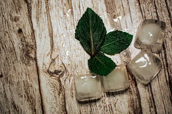 Taze nane yaprakları ve parlak buz küpleri görünür su damlacıkları olan ahşap bir yüzeyde dinleniyor. Bu görüntü ferahlatıcı bir serinlik ve doğal malzemeler hissi veriyor, içecek ve yaz temaları için mükemmel..
