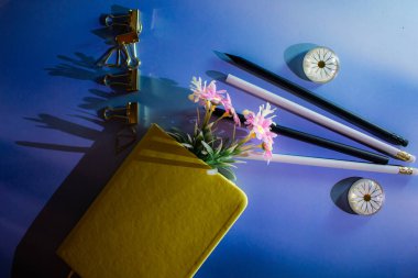 Pembe suni çiçekli sarı defter, altın cilt tokaları, çiçek düğmeleri ve mavi bir yüzeye dizilmiş siyah-beyaz kalemler. Yumuşak gölgeler şık ve yaratıcı bir atmosfer yaratır.