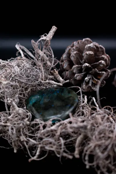 Parlak labradorit bir taş mavi-yeşil yanardöner bir çam kozalağının yanındaki İspanyol yosunlarına dayanır. Topraksı, doğadan esinlenilmiş kompozisyon refah, meditasyon ve kristal iyileştirici temalar için mükemmel.