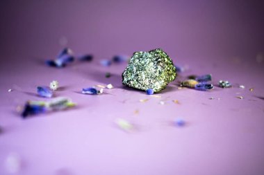 Kurumuş lavanta çiçekleri ve saplarıyla mor yüzeyde koyu renkli taş kırsal ve botanik cazibesiyle organik ve doğal bir bileşim oluşturuyor..