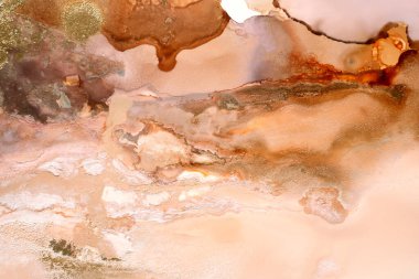 Modern el boyası suluboya doku. Sıvı kahverengi renkli boya. Moda tasarımı, iç mekan ve moda baskısı için yaratıcı alkol mürekkebi çizimleri. Soyut nötr arkaplan. Sanat duvar sanatı.