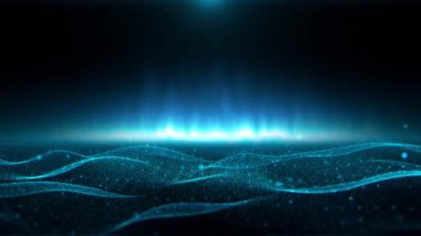 Güzel soyut fütüristik dijital teknoloji enerji parçacıkları mavi arka plan dikişsiz döngü 4K. Fütüristik dijital siber veri parçacıkları arka planda dalgalar oluşturur. Dijital teknoloji yapay zeka döngü arkaplanı.