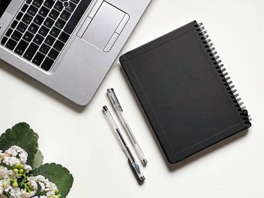 Eğitim kavramı. Bir dizüstü bilgisayar, siyah bir spiral defter ve iki kalem beyaz bir masaya dizilmiş. Küçük bir bitki eğitim çalışma alanına biraz yeşillik katar.