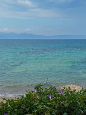 Oceanview Yunanistan-Girit, güzel Gökyüzü. Berrak mavi suyu ve yeşilliği olan bir tatil cenneti. Huzurlu bir doğa. Yüksek kalite fotoğraf. 