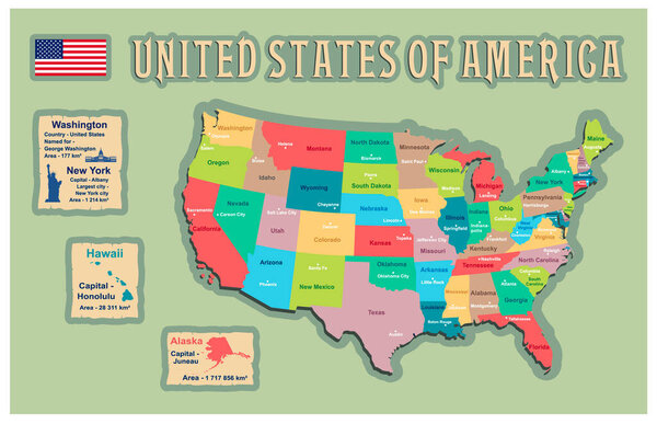 Геополитическая карта Соединенных Штатов. Многоцветная карта Соединенных Штатов. Декоративная карта США для домашнего и офисного декора.