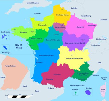 Fransa 'nın ayrı bölgeleri ve komşu ülkelere sahip vektör haritası