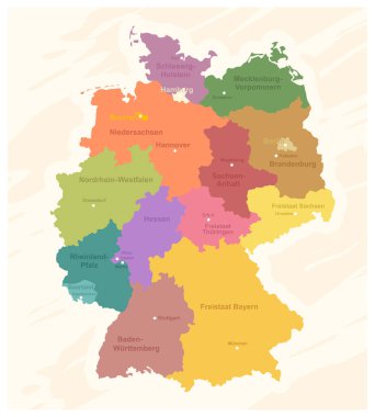 Büyük harflerle renklendirilmiş bir Almanya haritası.