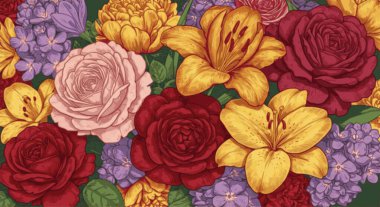 Nilüferler, güller ve canlı renklerde ortancalarla süslü duvar kağıdı arka planı.