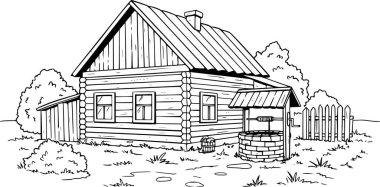 Taşralı ahşap bir evin cesur siyah ana hatlarıyla vektör sanatı.