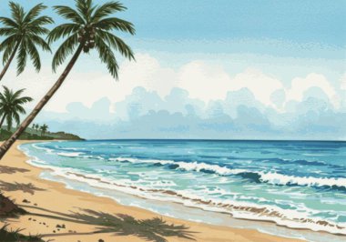 Tropical beach with coconut trees and blue sky