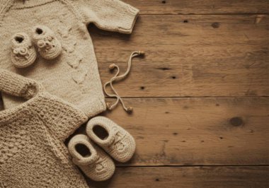 Yeni doğmuş bebek elbisesi ahşap bir arka planda selamlamak ve dilemek için 