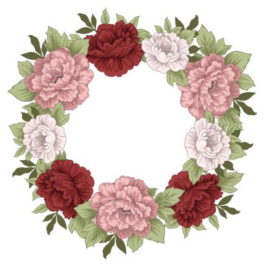 Yaz çiçekleri, çörekler ve şakayıklar, güller ve şakayıklar gibi yaprakların el yapımı taşıyıcı çizimi.