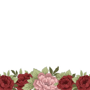 Yaz çiçekleri, çörekler ve şakayık, gül ve şakayık gibi yaprakların vektör el yapımı sınırı