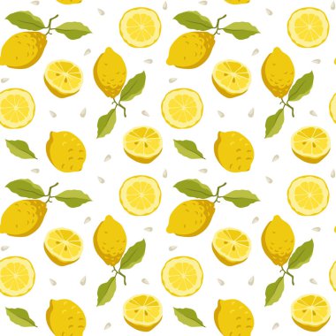 Taze limon limon, limon ağacı yaprağı, tohum ve dilimlenmiş narenciye ile elle çizilmiş. Vektör çizimi. Kumaş, tekstil, arkaplan, duvar kağıdı, ambalaj kağıdı