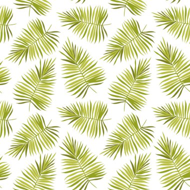 Beyaz arka planda yeşil palmiye yaprakları olan el yapımı, pürüzsüz bir desen. Vektör çizimi. Kumaş, tekstil, arkaplan, duvar kağıdı, ambalaj kağıdı