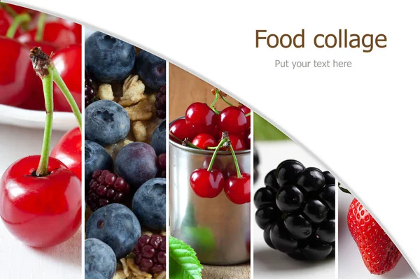 Yatay çilek kolajı. İçinde kiraz, yabanmersini, çilek, böğürtlen var. Boşluğu kopyala.