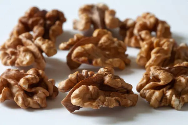 Peeled Nuts White Table Local Focus Macro — Stock Photo, Image
