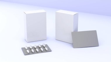 Kabarcık paketlerinde beyaz tabletli iki beyaz karton kutu kapsül hapları. Tıbbi hazırlıklar