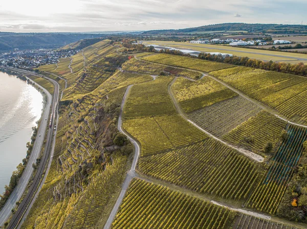 Luchtfoto Beroemd Duits Wijngebied Moezel Rivier Lay Guels Dorp Herfst — Stockfoto