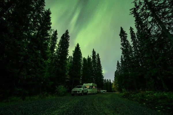 Aurora Shining Camping Caravan Swedish Forest Landscape Tannforsen Waterfall Northern — Stock Photo, Image