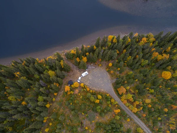 Aerial View Camping Caravan River Flowing Lake Gautstraesk Surrouding Autumn — Stock Photo, Image