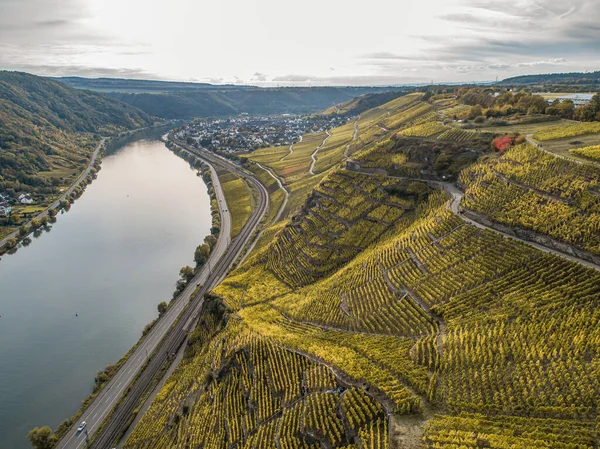 空中ビュー有名なドイツワイン地域モーゼル川レイとゲルス村秋の色 — ストック写真