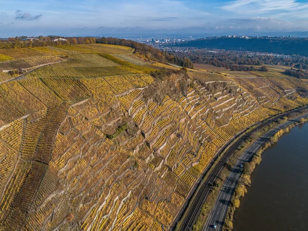 Flygfoto Berömd Tysk Vinregion Mosel River Lay Guels Byn Hösten — Stockfoto