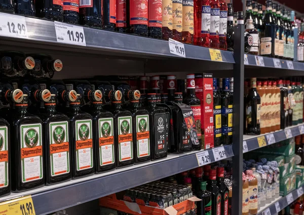 Andernach Germany 2020 Closeup Rows Isolated Bottles Jaegermeister Spirit Shelf — Stock Photo, Image