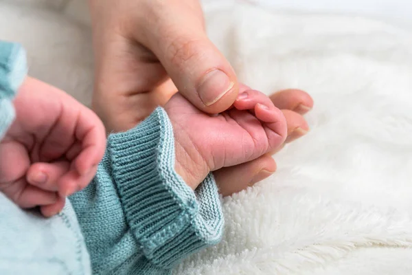 Sweet Tiny New Born Baby Hand Hold Mum Index Finger — Stock Photo, Image