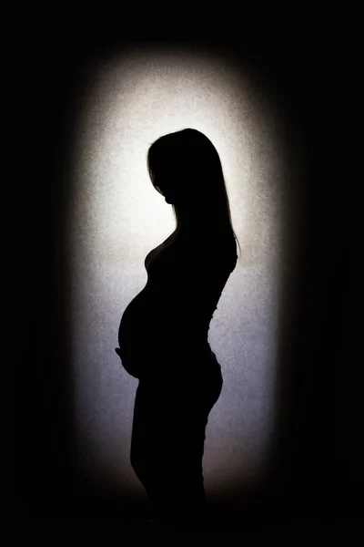 beautyfull silhouette of long hair Pregnant woman on a white background surroundet by shadow.