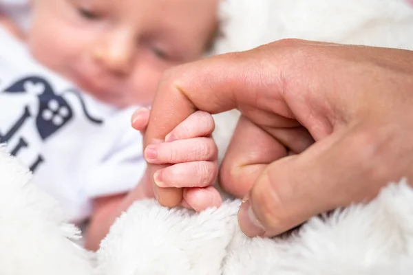 Yeni Doğmuş Bebek Eli Işaret Parmağını Tutuyor Anne Baba Bebek — Stok fotoğraf