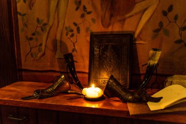 Ortaçağ fantezi döneminin önündeki güzel kraliçe ya da kral el zırhının gösterişsiz görüntüsü.