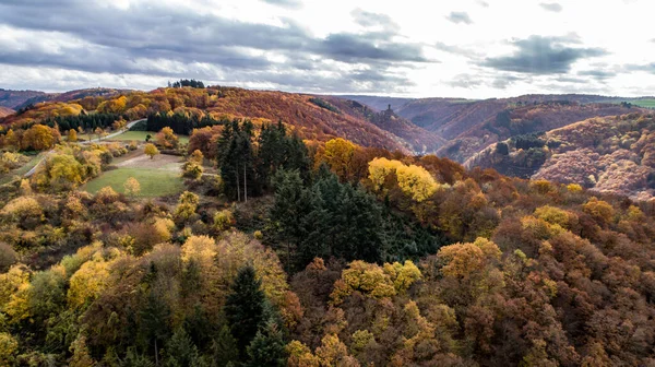 中世の城エレンブルクと秋の空中ビュー岩それの近くにブレンバッハのモーゼル川森林の丘と — ストック写真