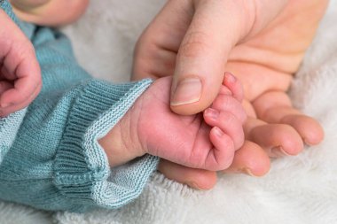 Yeni doğmuş bebek eli, işaret parmağını tutuyor. Anne, baba ve bebek arasındaki kavram ilişkisi.