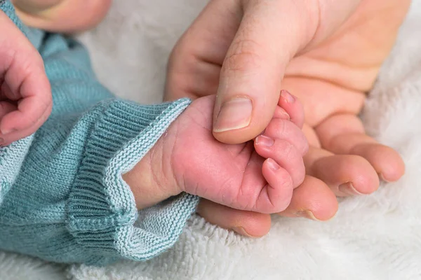 Doce Minúsculo Bebê Recém Nascido Mão Segurar Mamãe Dedo Indicador — Fotografia de Stock
