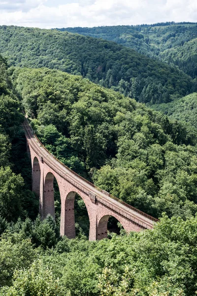 Παλιά Αψίδα Γέφυρα Σιδηροδρομική Γέφυρα Μεταξύ Λόφων Στο Πράσινο Δάσος — Φωτογραφία Αρχείου
